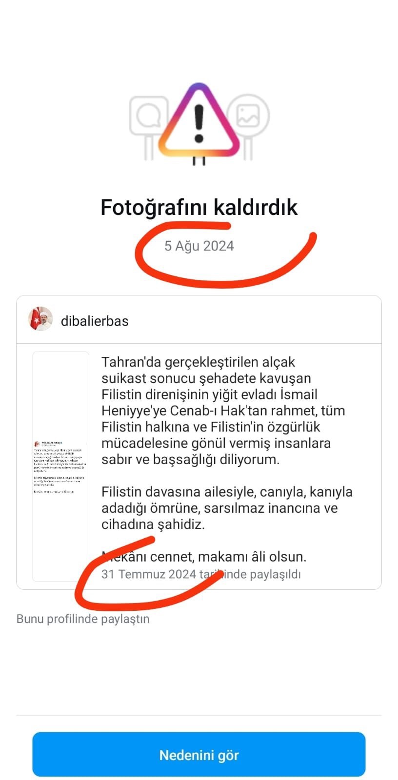 Instagram Erişim Engeli ve Haniye'nin Taziye Paylaşımları